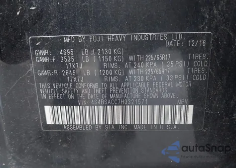 2017 Subaru Outback 2.5I Premium из США, поврежденный, VIN 4S4BSACC7H3321571